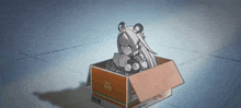 a cartoon character is sitting in a cardboard box that says tiger