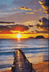 a painting of a sunset over the ocean with a pier in the foreground