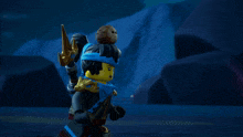 a lego ninjago character holding a sword and a rock on his head