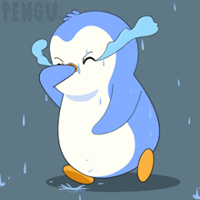 a penguin with tears coming out of its eyes and the word pengu behind it