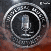 a logo for universal music community with a microphone in the middle