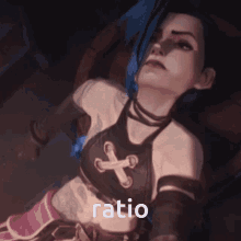 jinx from arcane is laying down in a dark room with the word ratio above her .