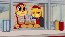 two cartoon cats serving hamburgers and french fries in a fast food restaurant