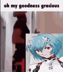 a meme of a man standing in a doorway next to a picture of a girl with blue hair .
