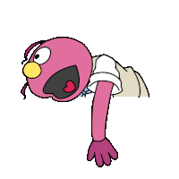 a pink cartoon character with a white shirt and pink gloves is bending over