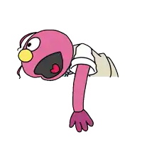 a pink cartoon character with a white shirt and pink gloves is bending over