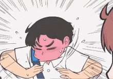a cartoon of a man with a red face and a woman holding him .