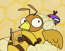 a cartoon bee reading a book with a bee on it