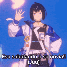 a girl in a blue and white jacket is waving her hand in spanish