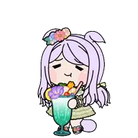 a girl with purple hair is drinking a milkshake with a straw