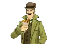 a man with a hat and a mustache is holding a bag of french fries
