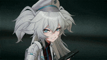 a girl with white hair is holding a gun and wearing a beret with a cross on it