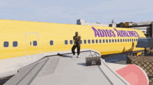 a man stands on the roof of an adios airlines airplane