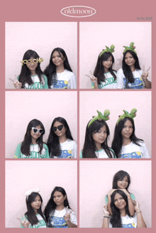 a collage of photos of two girls with the word oldmoon on the bottom right