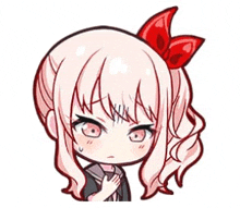 a cartoon girl with pink hair and a red bow in her hair is making a funny face .
