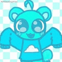 a blue teddy bear with wings and a cloud on its chest is sitting on a checkered background .