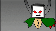 a cartoon of a monster with red eyes and a green cape