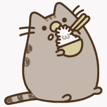 pusheen pusheen eating rice chope stikes hungry cat