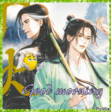 a picture of a man with a sword and a smiley face says good morning