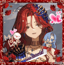 a picture of a girl with red hair and the words " my love lesbian material " on the bottom