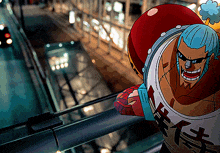 a cartoon character with blue hair is wearing a white tank top with chinese writing on it