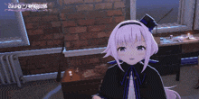 a girl with purple hair and a top hat stands in front of a window