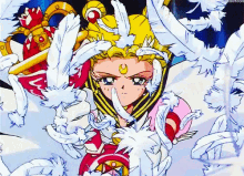 a cartoon character is surrounded by white feathers and has a crown on her head .