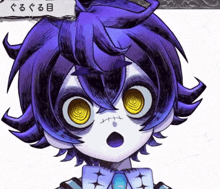 a cartoon drawing of a boy with purple hair and yellow eyes