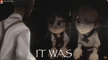a screenshot of a video game called the gif war shows a man and two boys