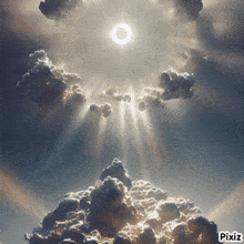 the sun shines through the clouds with pixiz written on the bottom right