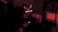 a man wearing headphones with devil horns and the word error written on his face