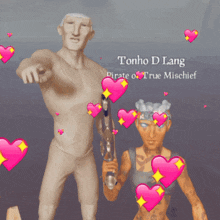 a man and a woman are surrounded by pink hearts and the words tonho d lang pirate of rue mischief