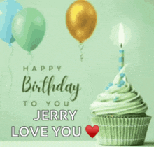 a birthday card with a cupcake and balloons and the words " happy birthday to you jerry love you "