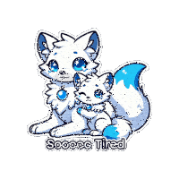 a sticker of two white foxes with the words " soooo tired " below them