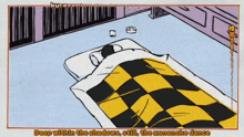 a cartoon of a person laying on a bed with the words " deep within the shadows still the mononoke dance "