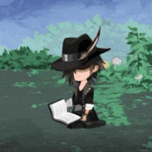a man in a black hat is reading a book .