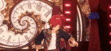a man with red hair is dancing in front of a clock
