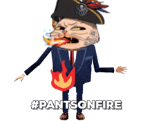 a cartoon cat wearing a pirate hat and a suit has a fire in his pocket and the hashtag #pantsonfire