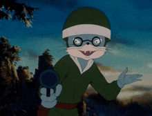 a cartoon cat wearing glasses and a helmet holds a gun