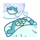 a cartoon penguin is sleeping in a bed and dreaming of a penguin .