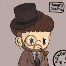a cartoon of a man wearing a top hat and smoking a pipe with the words hungry degen on the bottom