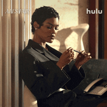 an advertisement for all 's fair shows a woman looking at her cell phone