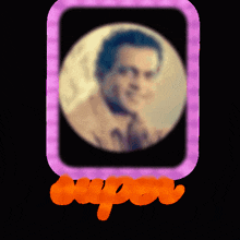 a purple frame with a picture of a man and the word super below it