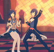 a couple of anime characters standing next to each other on a checkered floor