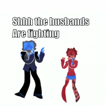 a cartoon of a man and a woman with the words " shhh the husbands are fighting " above them