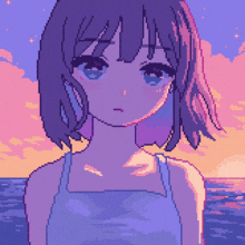 a pixel art of a girl in a blue dress