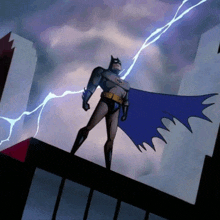 a cartoon of batman standing on top of a building with lightning in the background