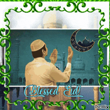a man praying in front of a mosque with the words blessed eid