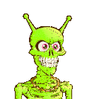 a cartoon of a green skeleton with pink eyes and a chain around his neck