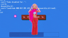 a woman in a pink dress stands in front of a computer screen